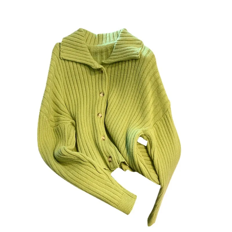 

Women Green Cardigan Sweater Short Outerwear Fashion Vintage Leisure Lazy Wind Winter Long Sleeve Knitting Single Breasting Coat