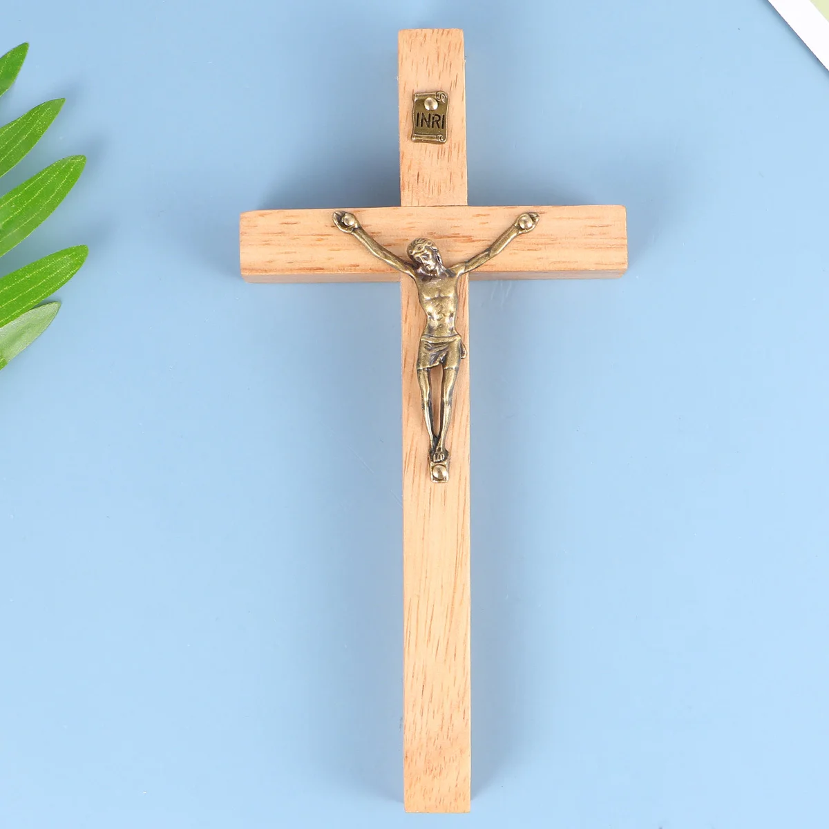 

1PC Soild Wooden Cross Zinc Alloy Jesus Catholic Cross Church Ornaments Decorations (Wood Color)