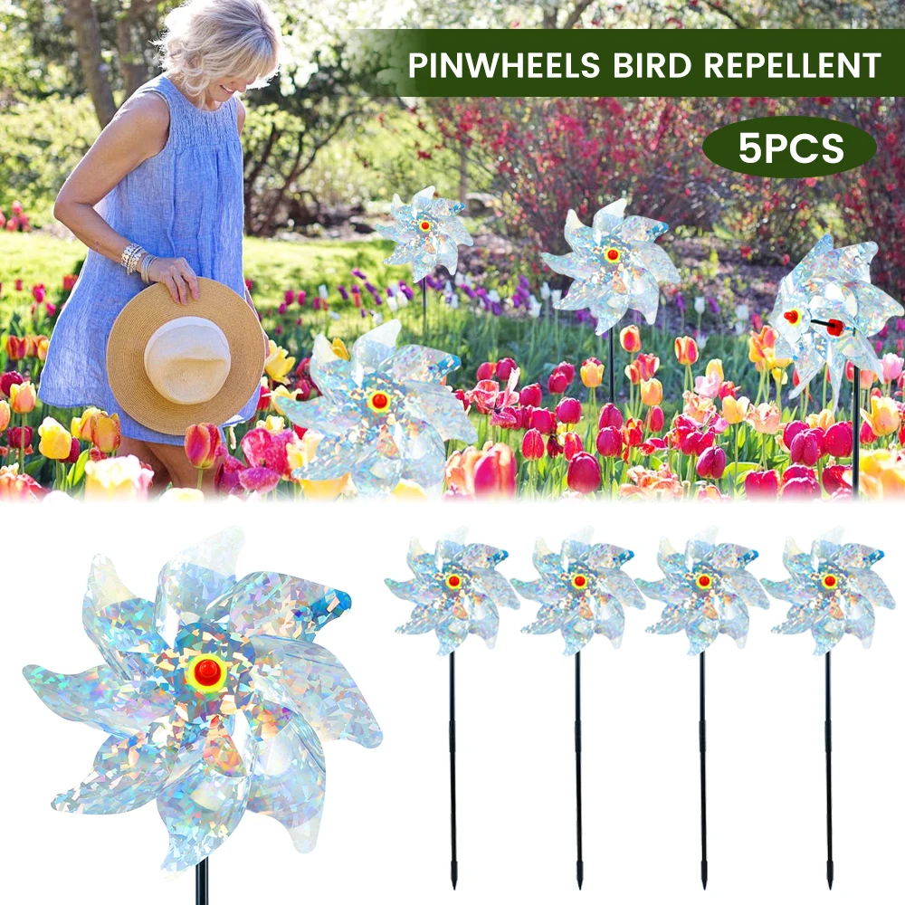 

5Pcs Reflective Bird Deterrent Pinwheels with Stakes Sparkly Silver Humanized Bird Repeller Windmill for Outdoor Garden Yard