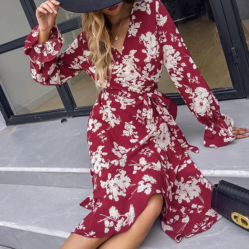 

Autumn New European and 2021 American Women's V-neck Print Red Skirt High Waist Casual Long-sleeved Temperament Dress Women