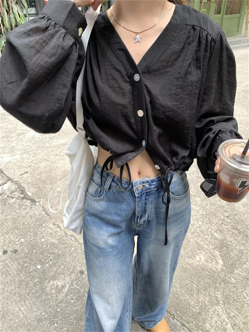 Женская Однотонная рубашка с V-образным вырезом на осень
