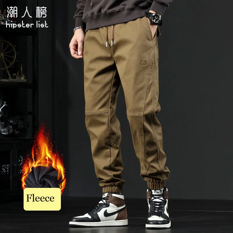 

Khaki Overalls Men Loose Beamed Harem Pants Fall Winter American Retro Hipster Ankle-tied Velvet Thicken Fleece Casual Trousers