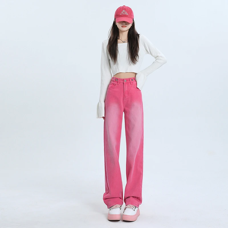 

Chic Autumn Y2K Korean Women's Jeans Gradient Pink High Waist Straight Leg Denim Trousers