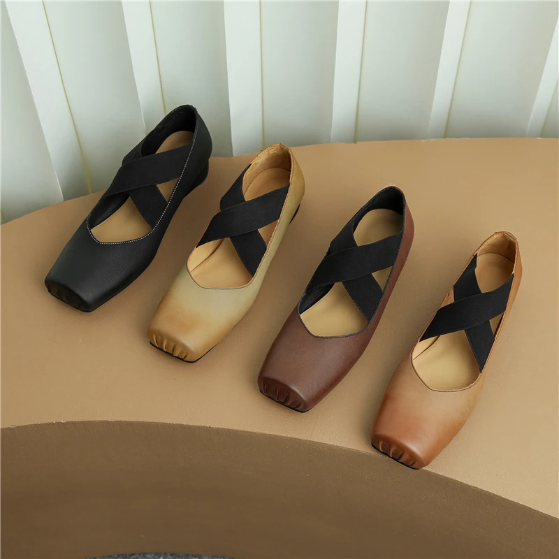 Insicre Cow Leather Elastic Band Low Heels 2022 Fashion Autumn Women Pumps Square Toe Top Quality Size 42 Hand Rubbing