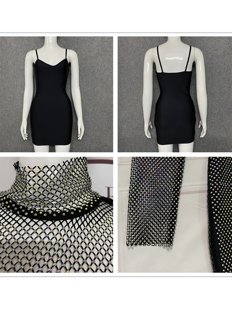 Соблазнительное черное Сетчатое Бандажное платье из 2 частей с бриллиантами