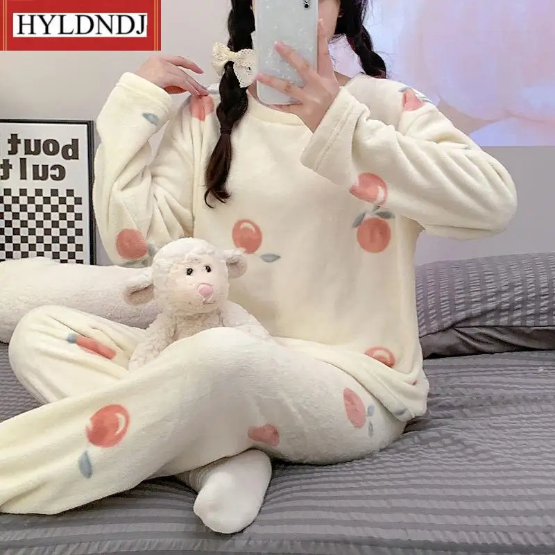 Autumn Winter New Caroset Cute Coral Fleece Pajamas for Womens Plus Velvet Pyjamas Sets Nightgown Sleepwear Homewear