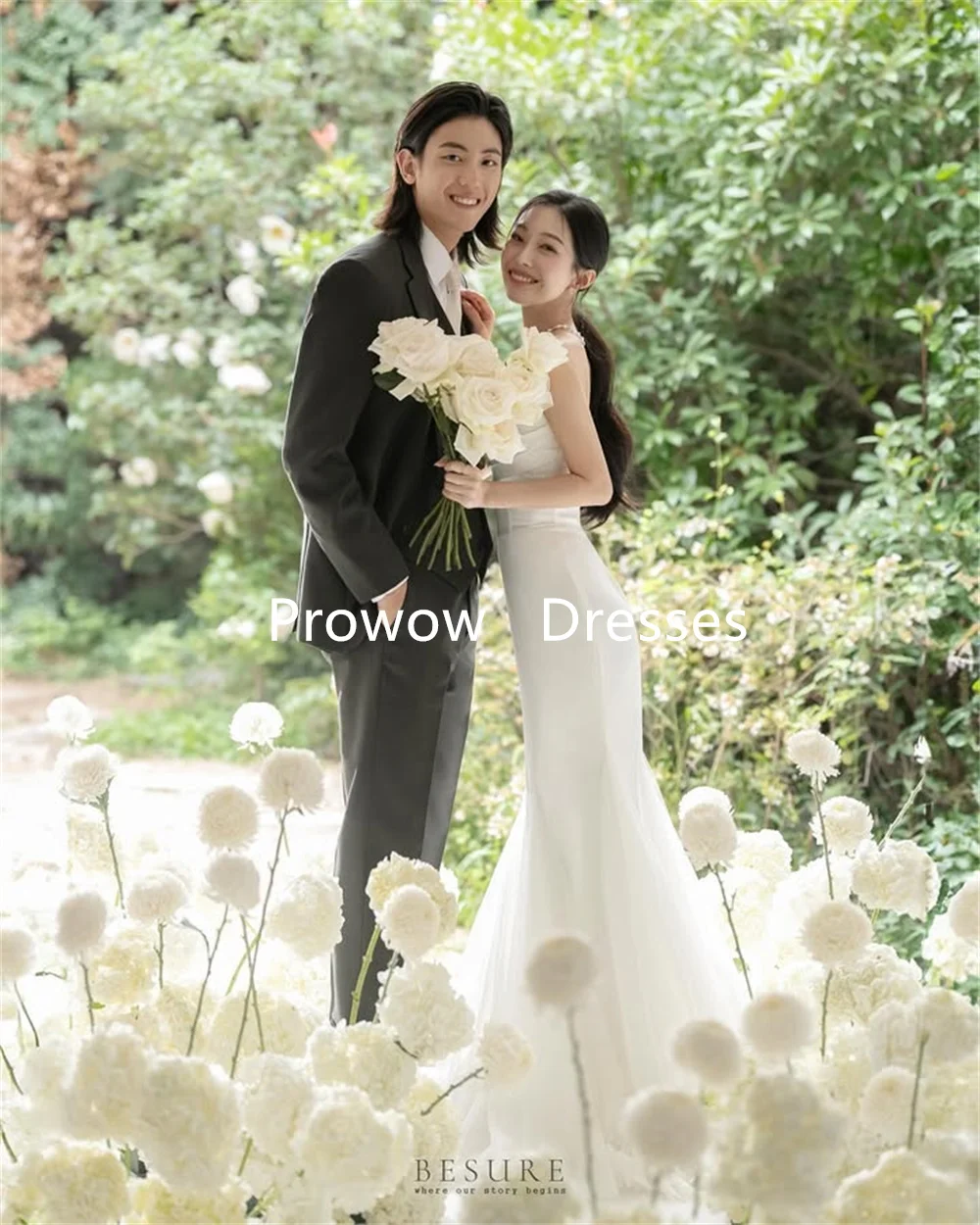 Prowow Элегантные плиссированные белые свадебные платья русалки Корейская