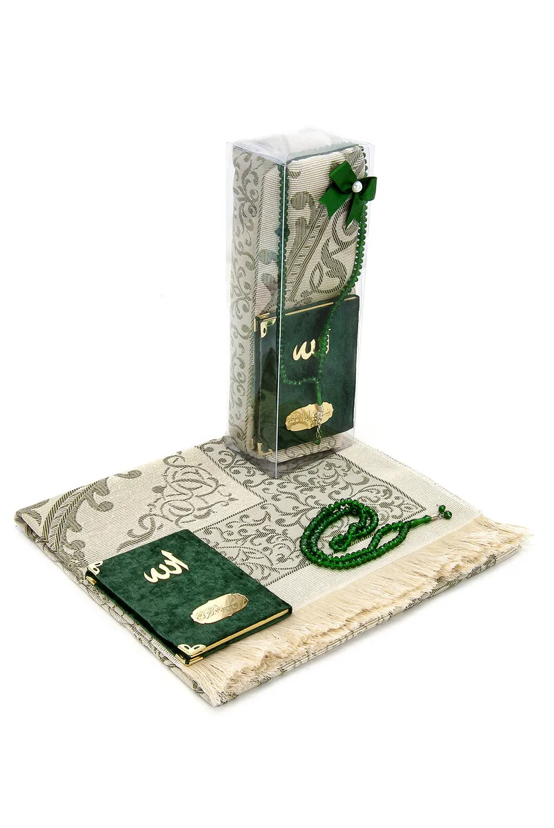 

IQRAH Pocket Oversize Velvet Yasin Book-Prayer Rug-Rosary and Transparent Boxed Mawlid Gift of-green