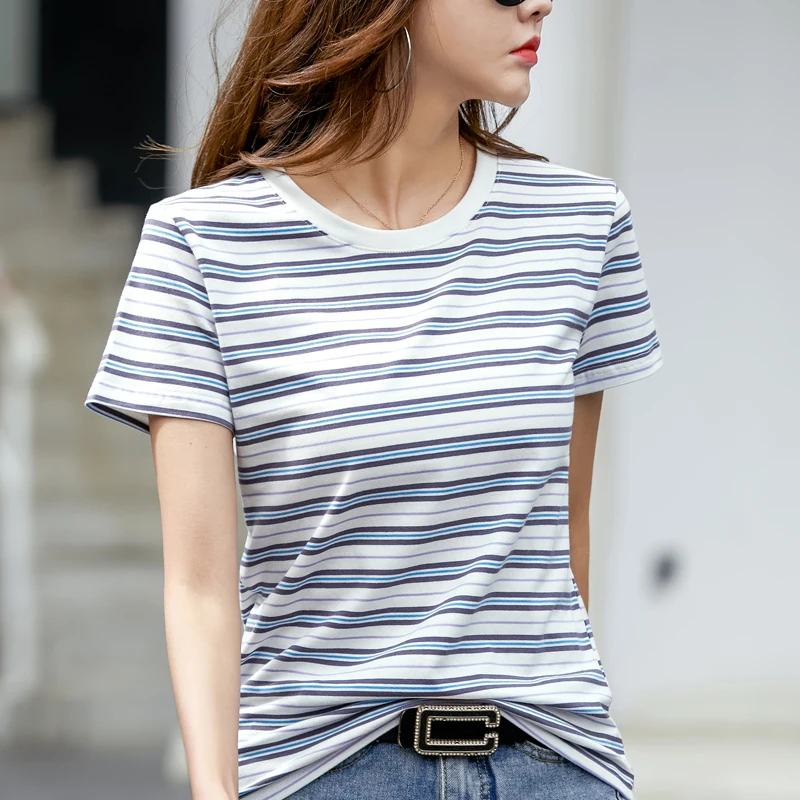 

BOBOKATEER Wetement Femme 2022 Ladies Tops Mujer Short Sleeve Cotton Woman Tshirts O-Neck T-shirty Damskie Striped Dames Kleding