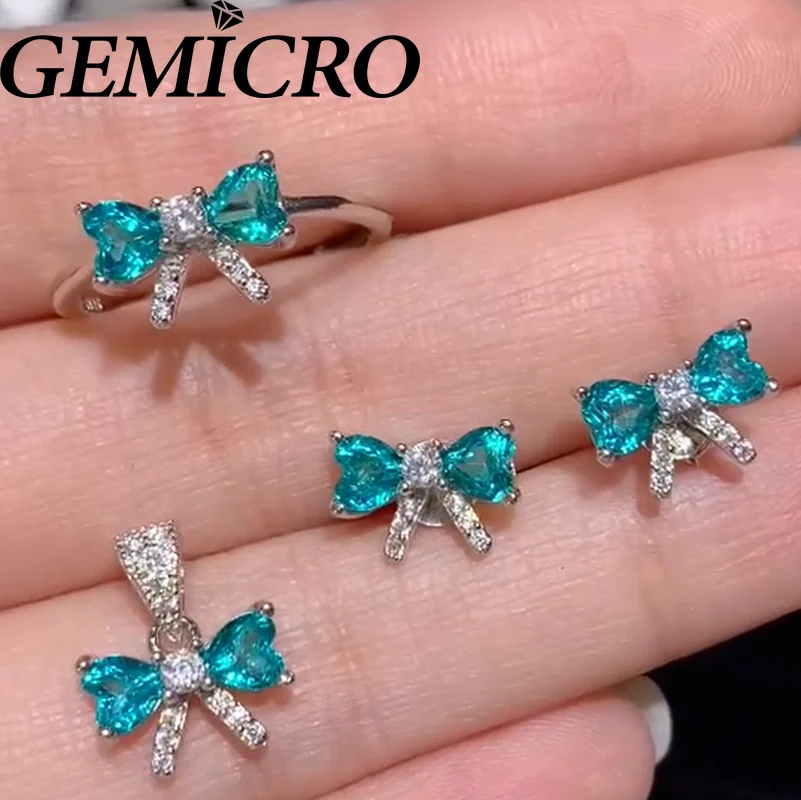 Gemicro 100% 925 Silver Heart Natural Paraiba Blue Color Topaz Ring Pendant Earrings for Women Fine Jewelry Mothers' Day Gifts