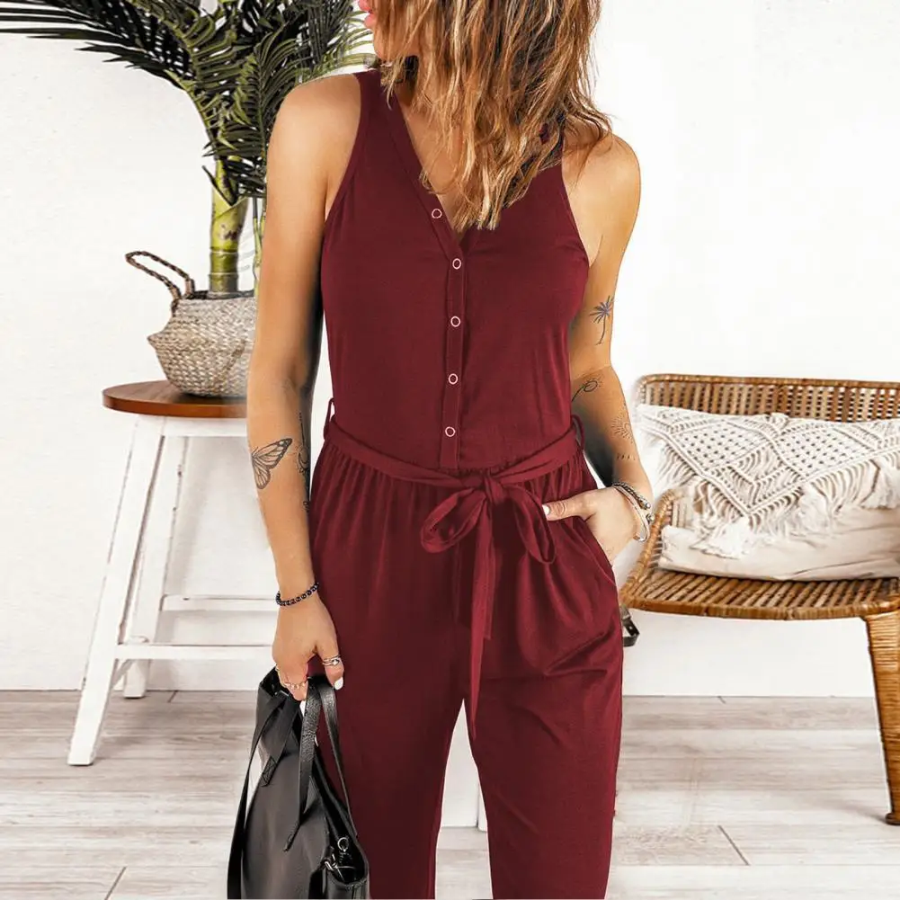

Female Stylish Loose-fitting Buttons Jumpsuit Summer Jumpsuit V Neck for Party