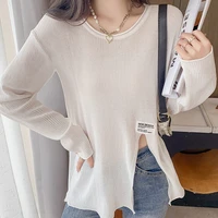 summer oversize knitted pullovers sweater long sleeve korean loose tops fashion o neck split fork jumper knitwear female