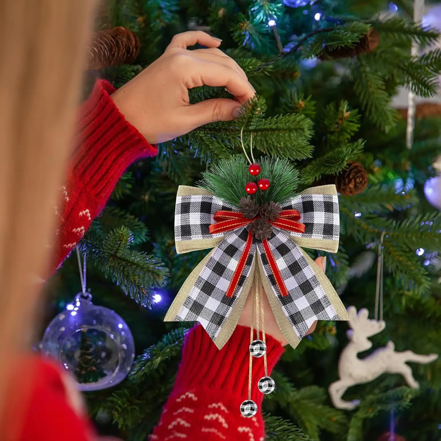 6 шт. Рождественский клетчатый бант из мешковины с сосновыми шишками - большие