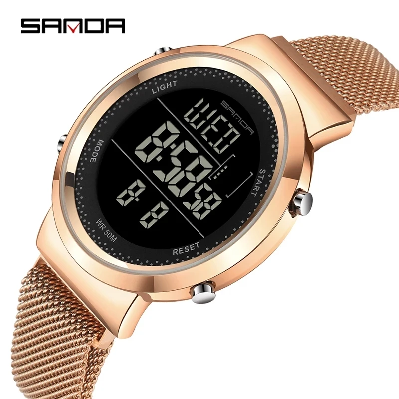 SANDA Fashion Gold Digital Watch Men Women Couple Wristwatches Chrono Watches 5Bar Waterproof Sport Watches For Women Men