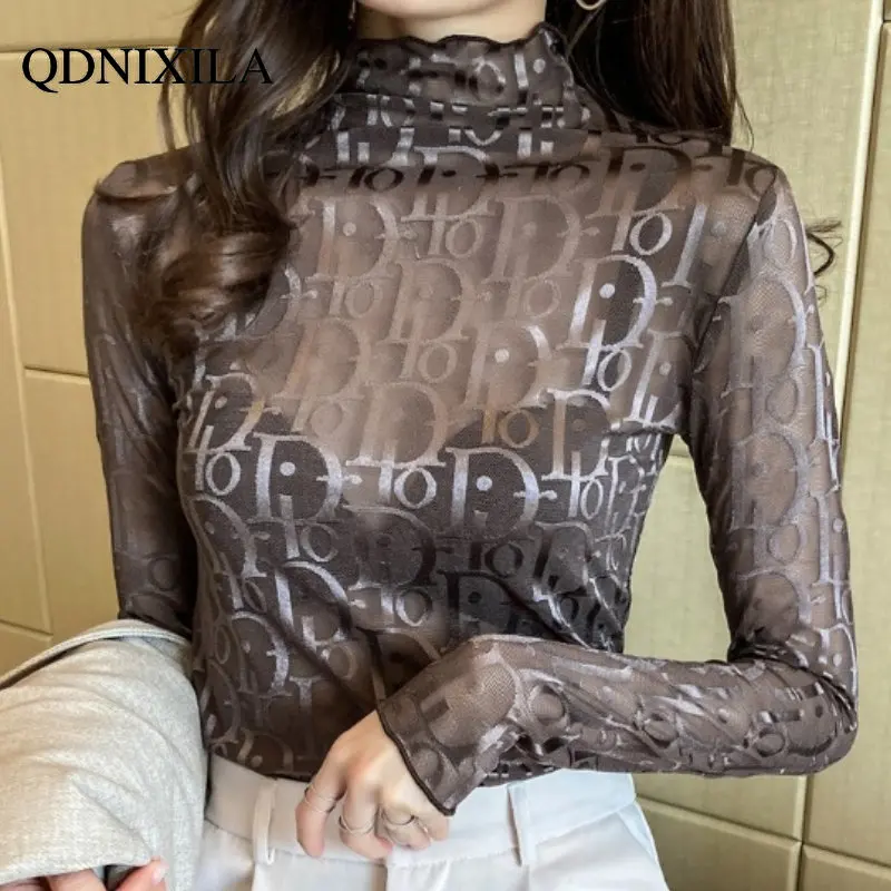 

Fashion Woman Blouses 2023 Autumn Winter High-Necked D Letter Lace Bottoming Shirt With Thin Gauze Perspective Female Clothing