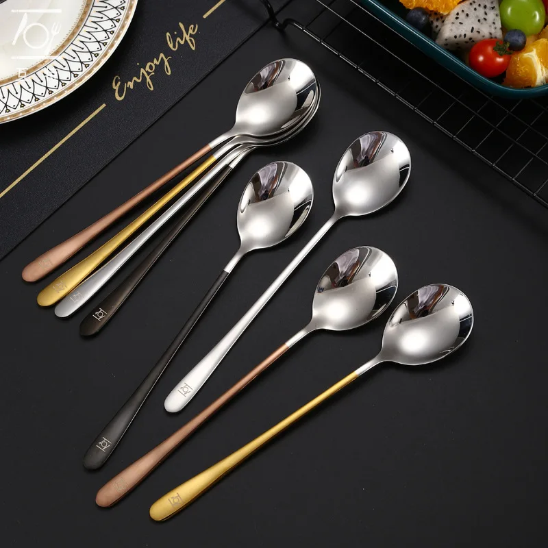 

Красочная ложка-мешалка из нержавеющей стали с длинной ручкой для кофе и чая, столовые приборы, десертные ложки для мороженого, столовые при...