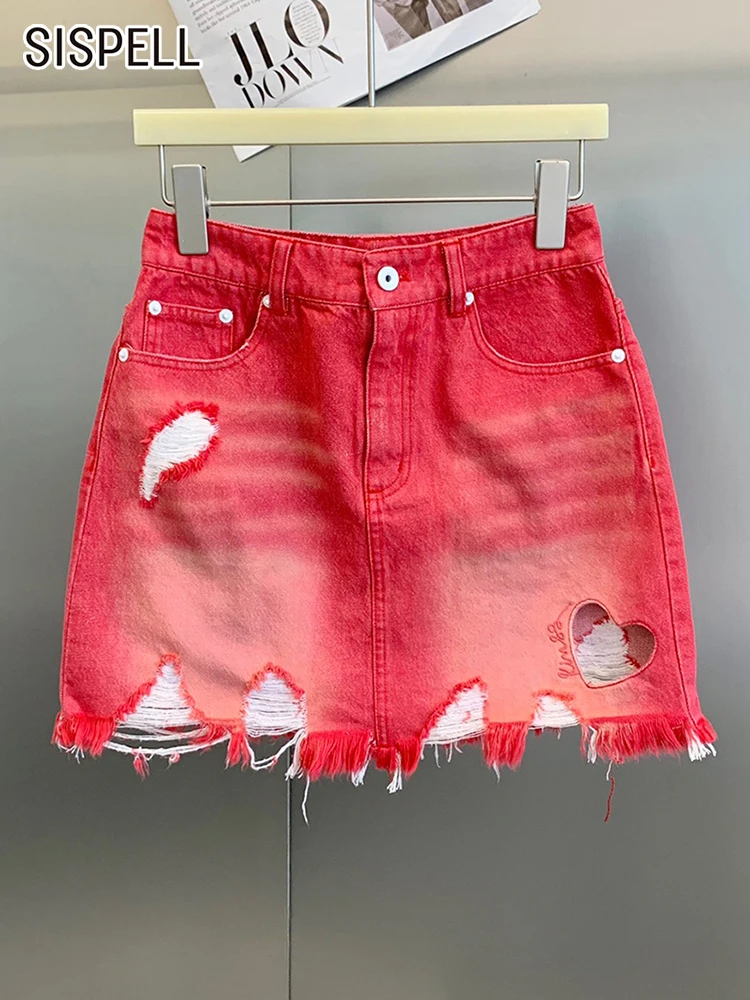 

SISPELL Korean Cut Out Red Denim Skirt For Women High Waist A Line Raw Hem Streetwear Solid Mini Skirts Female Summer Clothing