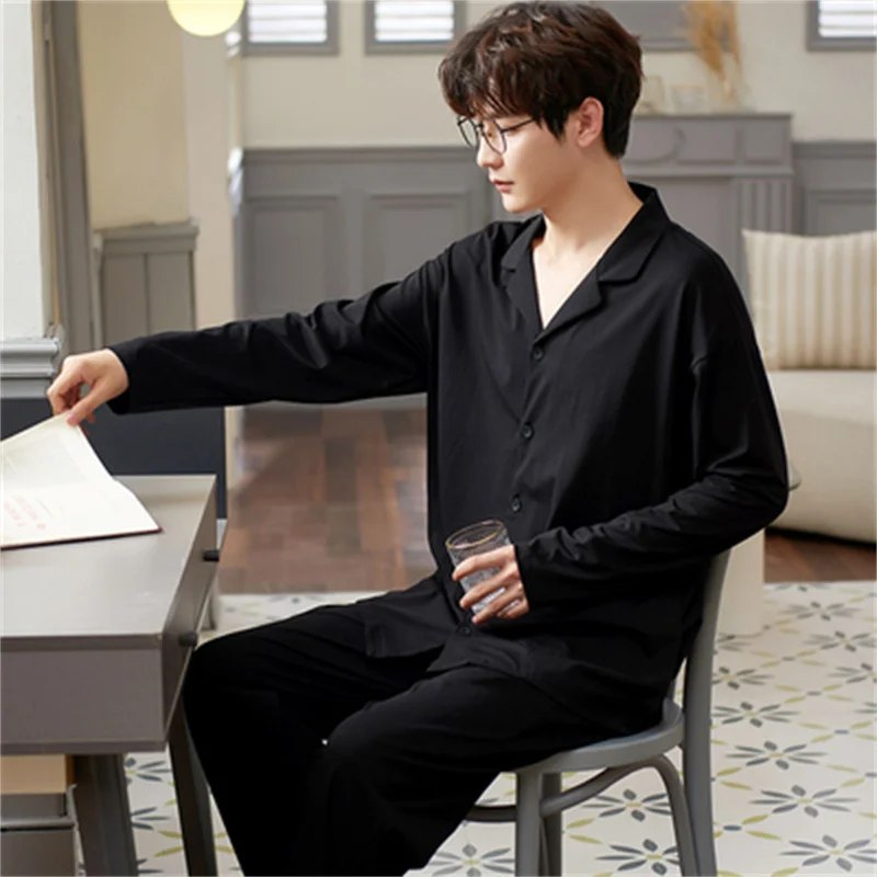 Pajamas Set Casual Cotton Sleepwear For Men Black Elastic Soft Shirt Pyjama Men's Autumn Fashion Homewear Clothes Big Size
