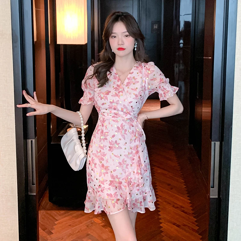 

COIGARSAM Women's Summer Dress 2022 New Chiffon Floral Print Thin Brief Pink Long Dresses Dropshipping
