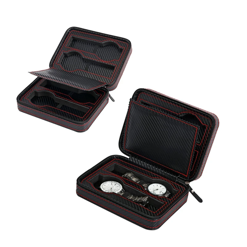 

2 Pcs Portable Black Carbon Fiber PU Leather Watch Zipper Storage Bag Travel Jewlery Watch Box Bag Personalized Luxury Gift 8 Sl