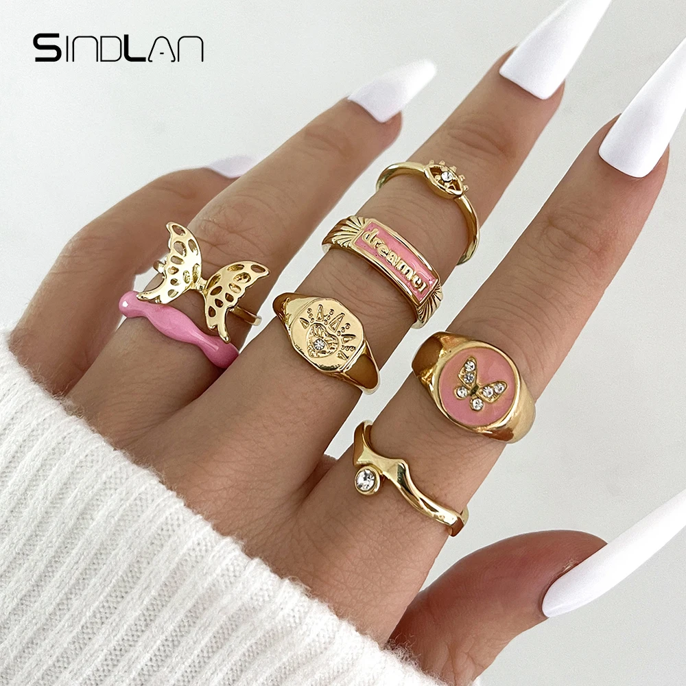 

Sindlan 7Pcs Y2k Gold Color Butterfly Rings for Women Kpop Crystal Heart Evil Eyes Pink Dreamer Set Female Jewelry Anillos Mujer