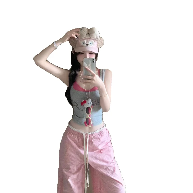 Stacked Fake Two Pieces Inner wear Cami Women Summer Outer Wear Sleeveless Design Sense Short Sweet Gyaru Top