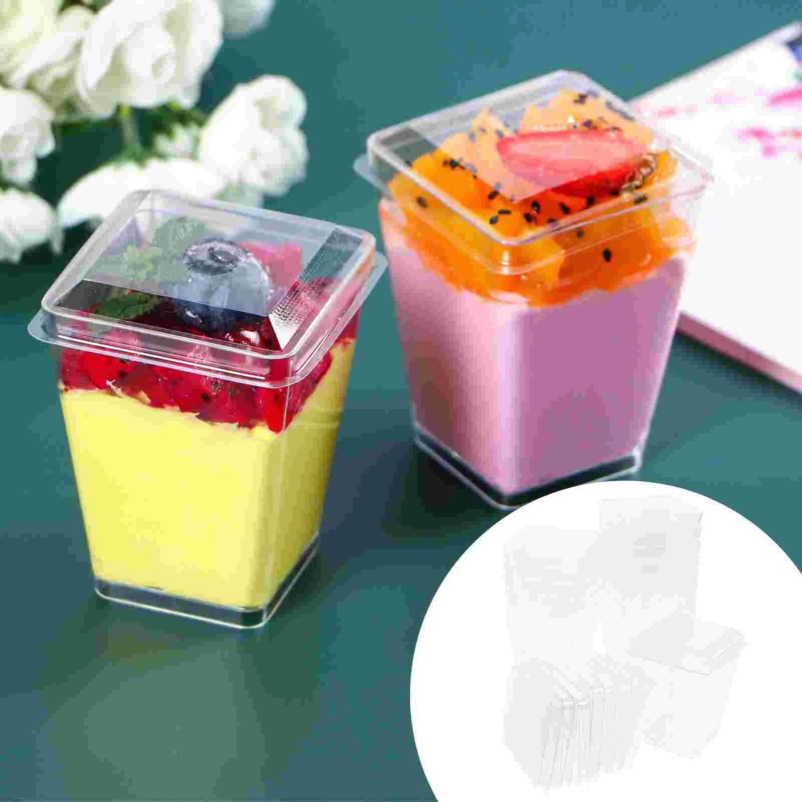 

50 Pcs Tiramisu Holders Plastic Dessert Cups Square Clear Fruit Bowls Container Appetizer Parfait Party Mousse