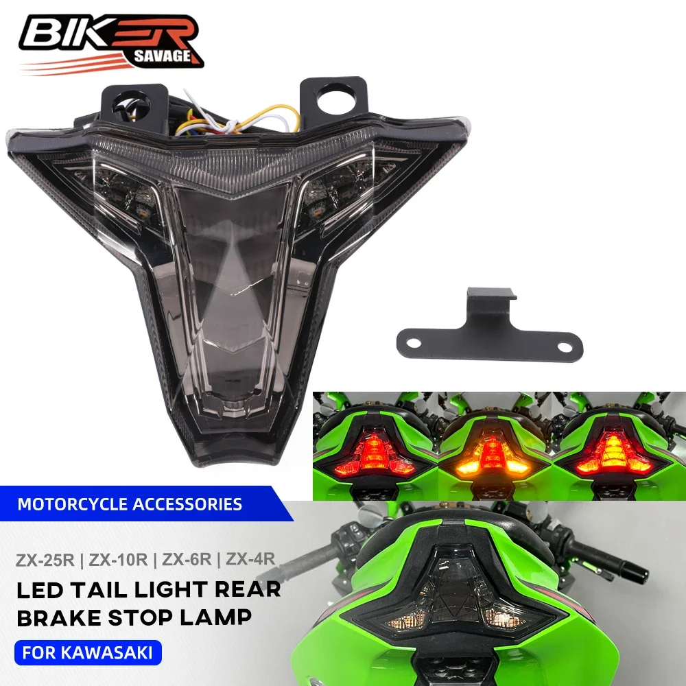 Фото 2024 ZX6R светодиодный задний стоп-сигнал для Kawasaki Ninja ZX10R ZX4R ZX25R мотоцикла, встроенный указатель поворота, задний фонарь, стоп-сигнал №1