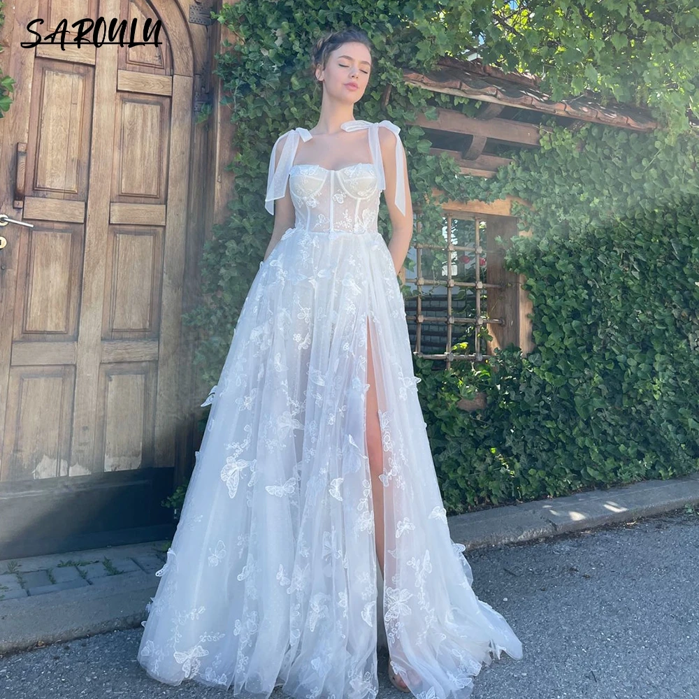 

Fairy Sexy Slit Wedding Dress A-line Butter Fly Bow Straps Low Cut Bridal Wedding Gown Custom Made Plus Size Bride Robe