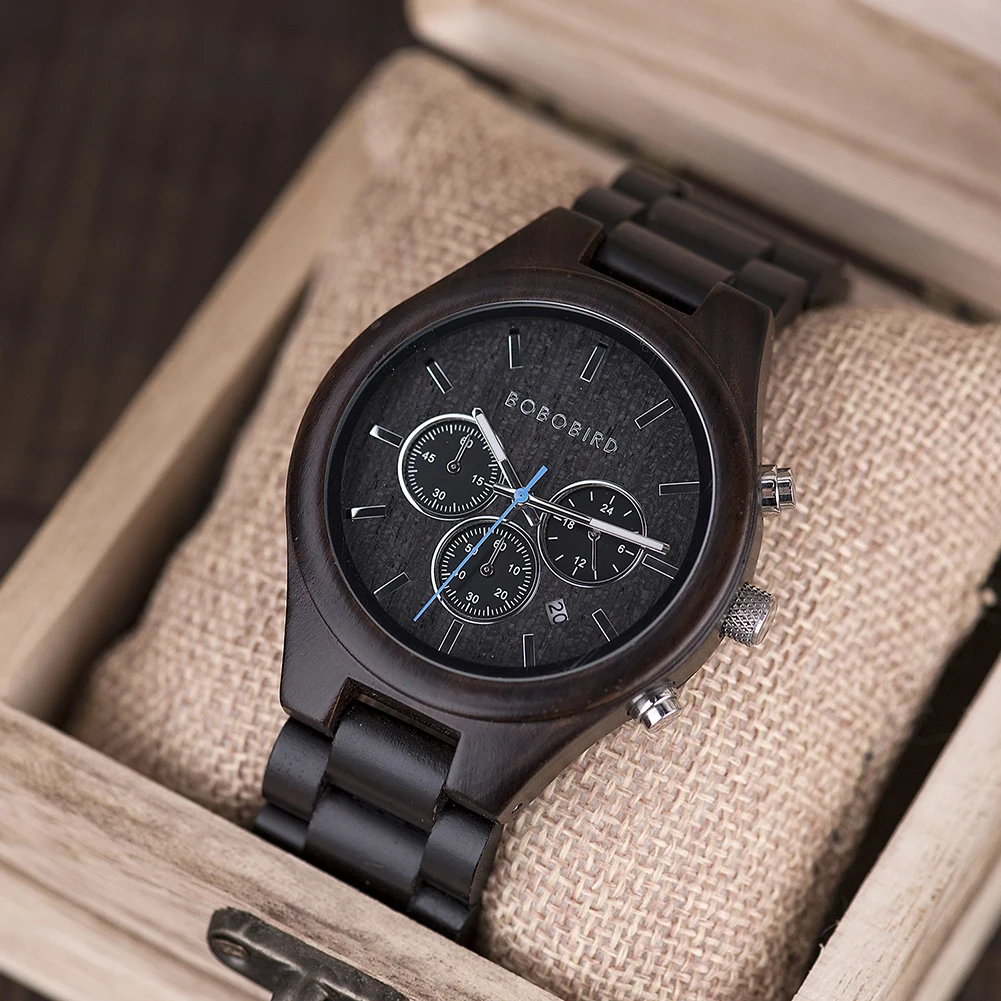 Мужские часы ручной работы BOBO BIRD из натурального дерева классические черные