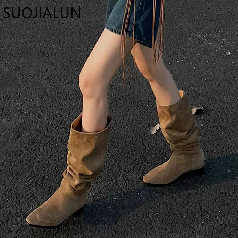 

SUOJIALUN 2022 New Fashion Pleated Women Knee-high Boot Low Heel Ladies Pointed Toe Knight Boots Shoes High Quality Long Boots