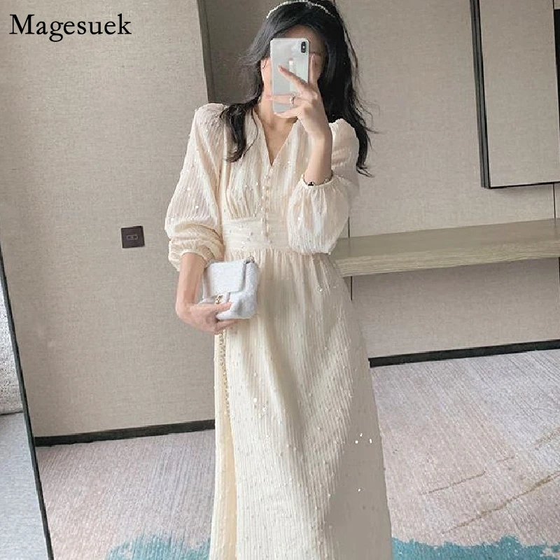 

Платье-миди женское летнее с блестками и рукавами-фонариками