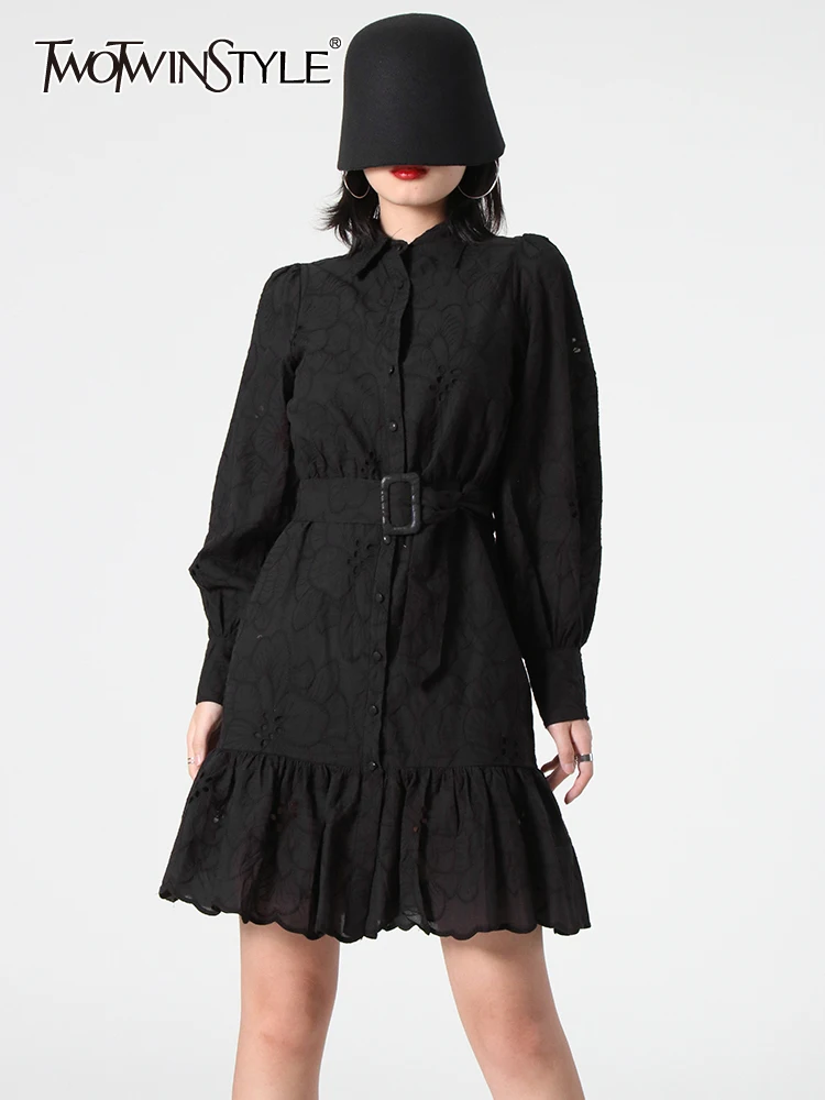

TWOTWINSTYLE Black Dresses For Women Lapel Long Sleeve High Waist Hollow Out Embroidery Mini Dress Female Summer Fashion 2022