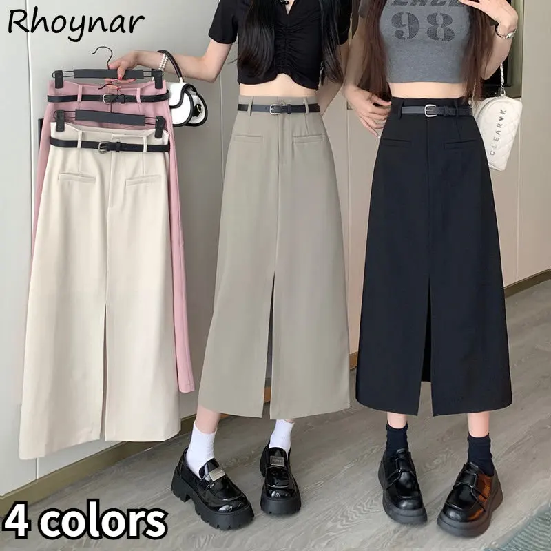 

Midi Skirts Women A-line Front-slit Chic Solid Basic Korean Fashion Clothing Summer Vintage High Waist Gentle Minimalist Faldas