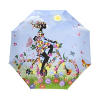 girl on bike outdoor portable travel umbrella rain women three folding automatic umbrella parasol with black coating 8 ribs