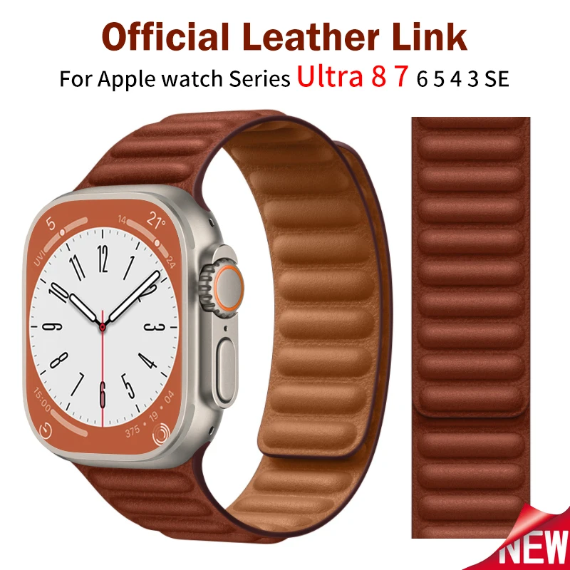 Leather Link For Apple Watch Band 45mm 41mm 44mm 40mm 49mm Original Magnetic Loop bracelet iWatch Series 8 Ultra 3 SE 6 7 Strap