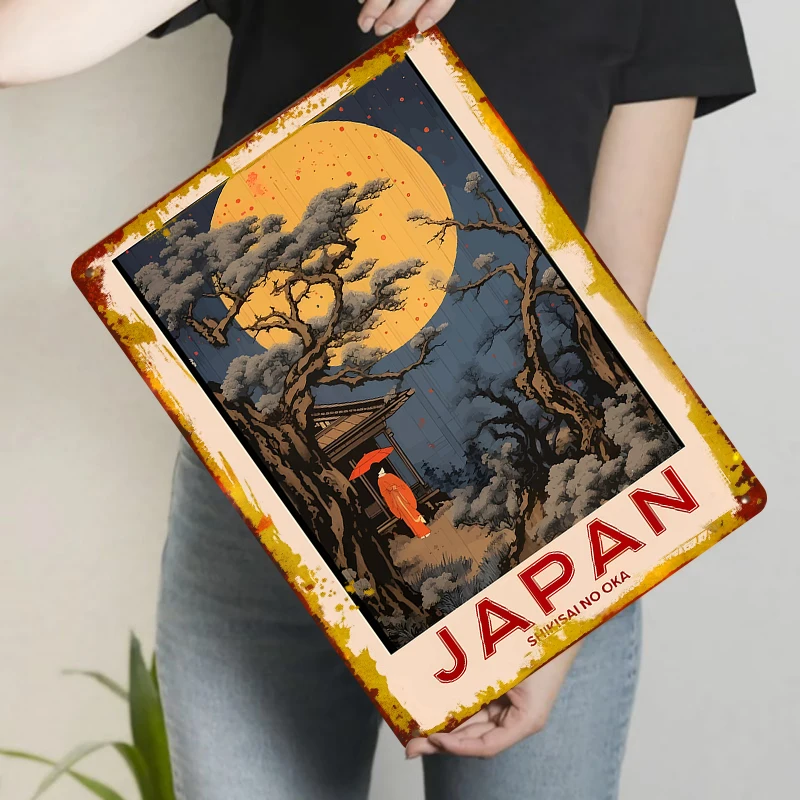 Фото Японский винтажный стиль Ukiyo e, металлическая настенная живопись, лунный сад с красным зонтиком, гейша, декоративная живопись для гостиной №3