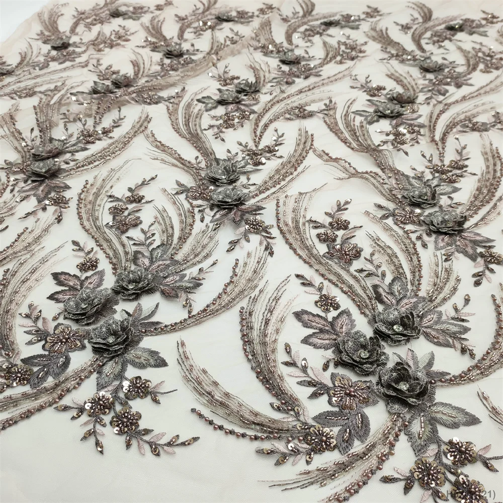 

Newest design 3d flower French lace elegant beading embroidered gauze fabrics for sewing 2022 high quality tulle laces fabrics