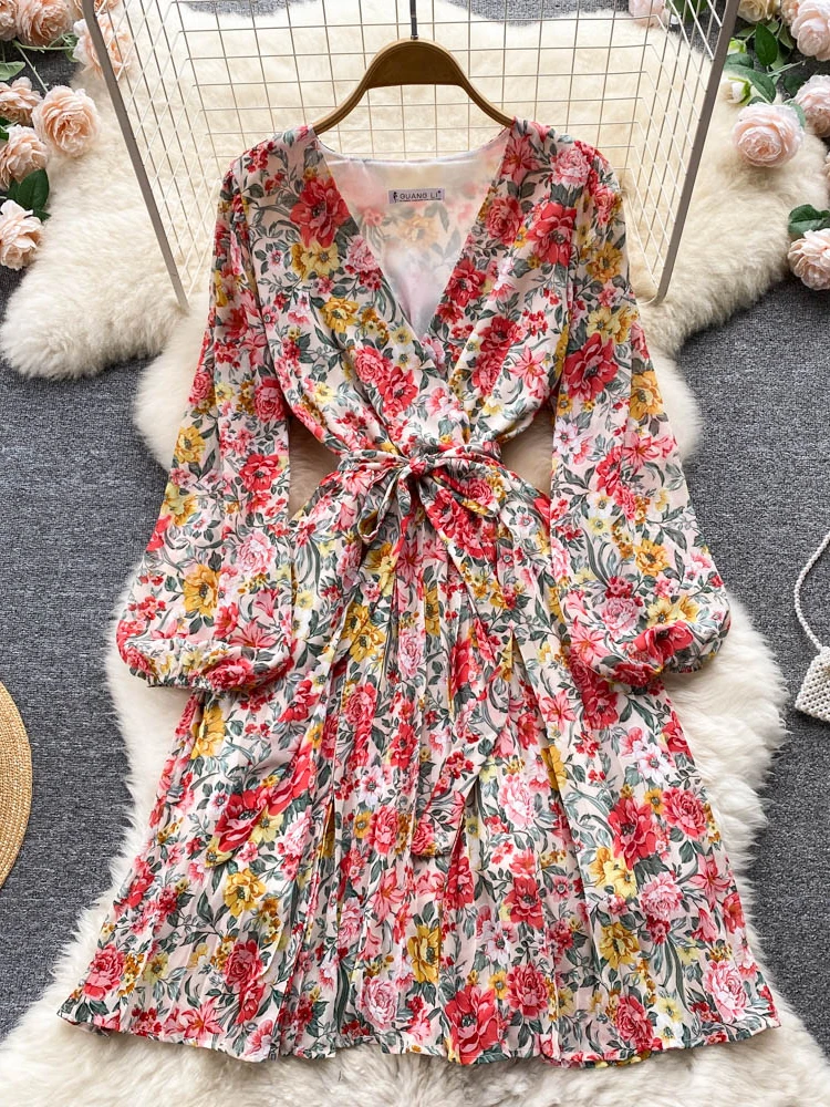 

Hikigawa Chic Fashion Woman Dress Vintage V Neck Long Sleeve Floral Printed Slim Waist Dresses For Women Elegant Vestidos Mujer