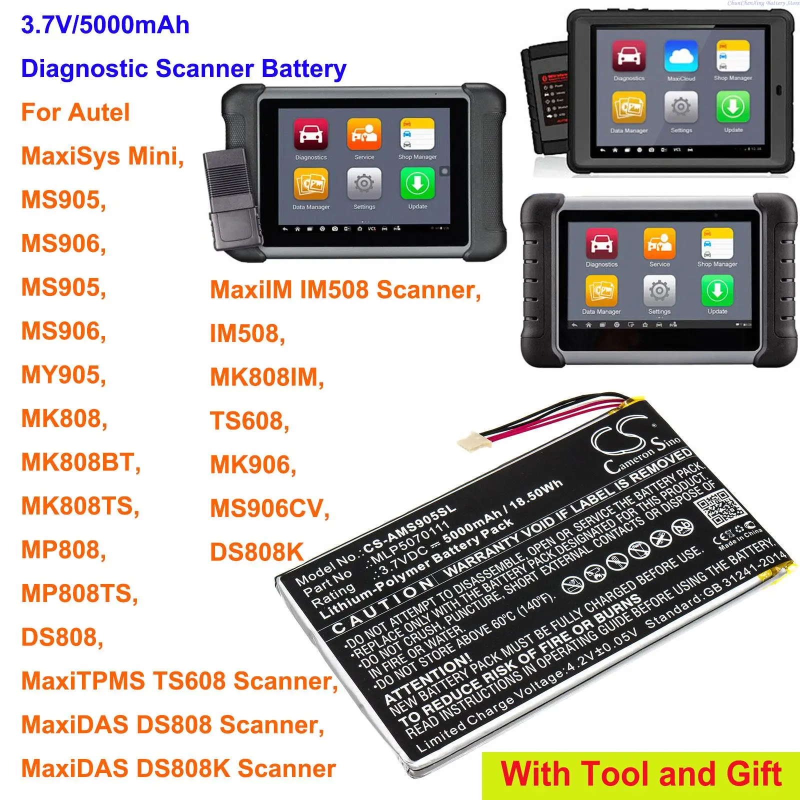 Аккумулятор OrangeYu 5000 мАч для Autel MaxiSys Mini,MS905,MS906,MY905,MK808,MK808BT,MK808TS,MP808,MP808TS,DS808,MK808IM,DS808K