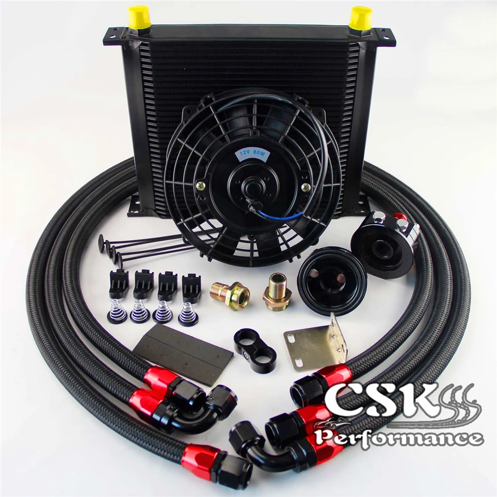 

AN10 Universal 34 Row ENGINE FILTER RELOCATION Oil Cooler+7" Electric Fan Kit Black