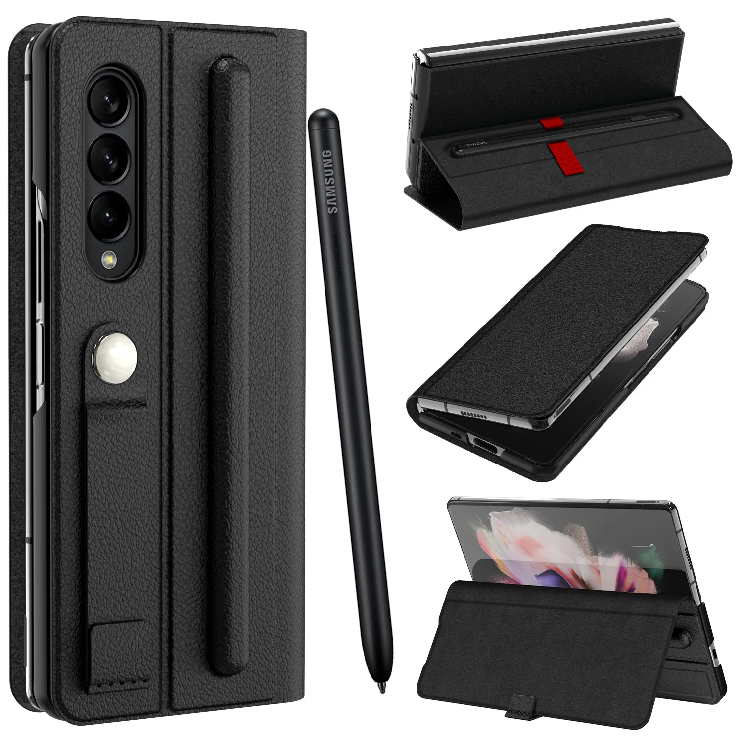 

Case for Samsung Galaxy ZFold3 Flip Protective Leather Case W22 with Magnetic Pen Slot Z Fold3 Bracket Drop-Resistant Phone Case