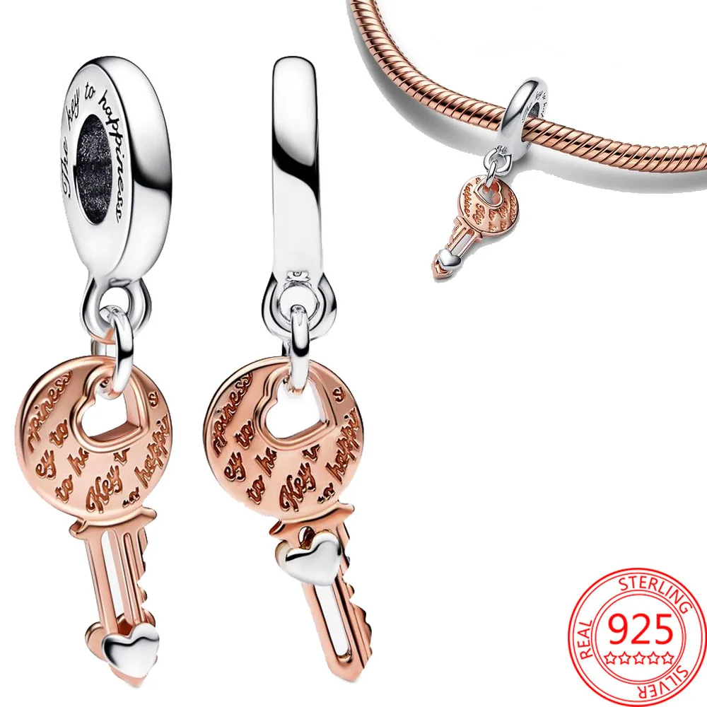 

S925 Silver Two-tone key & Sliding Heart Dangle Charm Fit Pandora Bracelet; Necklace Girl Valentine's Day Jewelry Gift