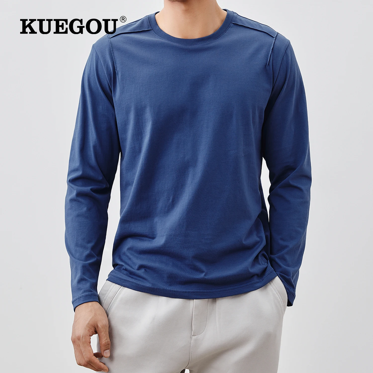 

KUEGOU 100% Cotton Spring Autumn Men‘s T-shirt Long Sleeve Tshirt Simple Embroidery Fashion T shirt Men Top Plus Size ZT-88014