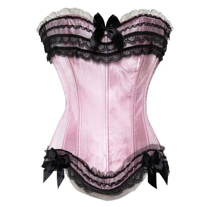 

Sexy Satin Overbust Corset Top Lace Bowknot Decorated Zipper Side Clubwear Showgirl Body Shaper Bustier Lingerie Plus Size S-6XL