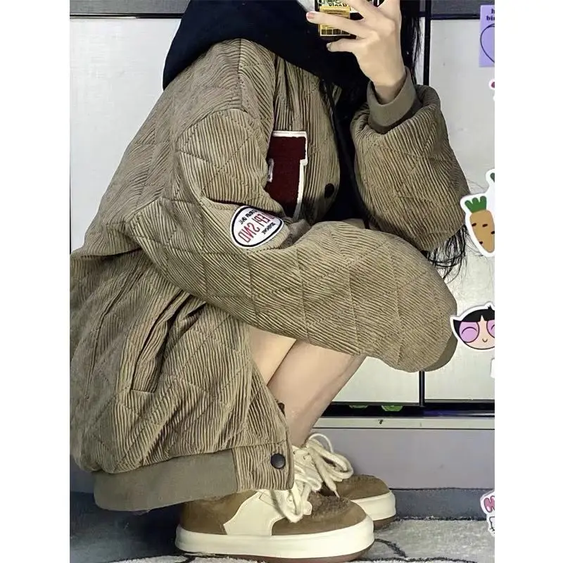 Corduroy Outerwear Jackets Women's Autumn Winter New Vintage Couple Thickened Cotton Dress Hooded Cardigan