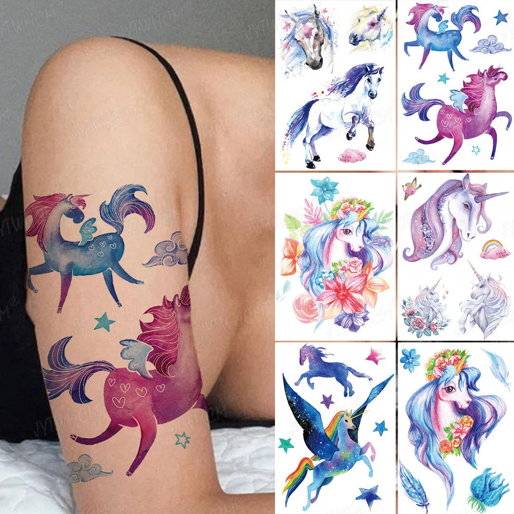 

Unicorns Tattoo Stickers Watercolor Flowers Horse Waterproof Temporary Disposable Body Art Makeup Tatouage Temporaire For Kids