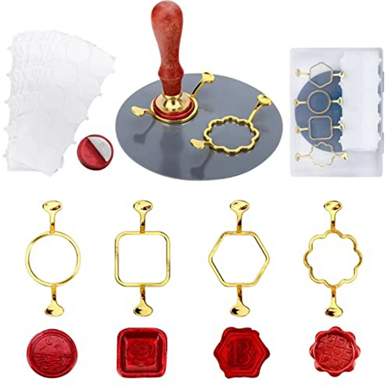 

4 PC Metal Wax Seal Kit Wax Seal Stamp With Round Flower Square Hexagonal Mold Shapes ,Wax Seal Mat With 100Pc Sticky Dot