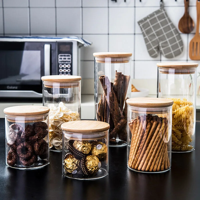 

Transparent Glass Storage Jar Bamboo Lid Sealed Jar Household Food Storage Bottle Glass Tea Canister Kitchen Storage Supplies