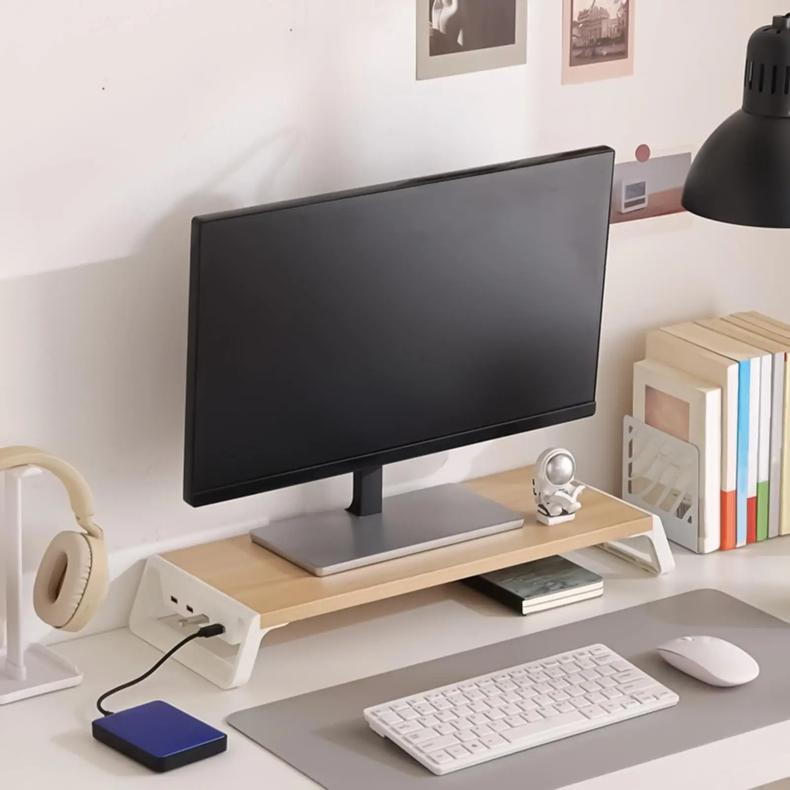 Фото Подставка для настольного монитора с регулировкой высоты, 4 USB-портами, деревянная, для компьютера, органайзер для офисного стола, хранение клавиатуры №5
